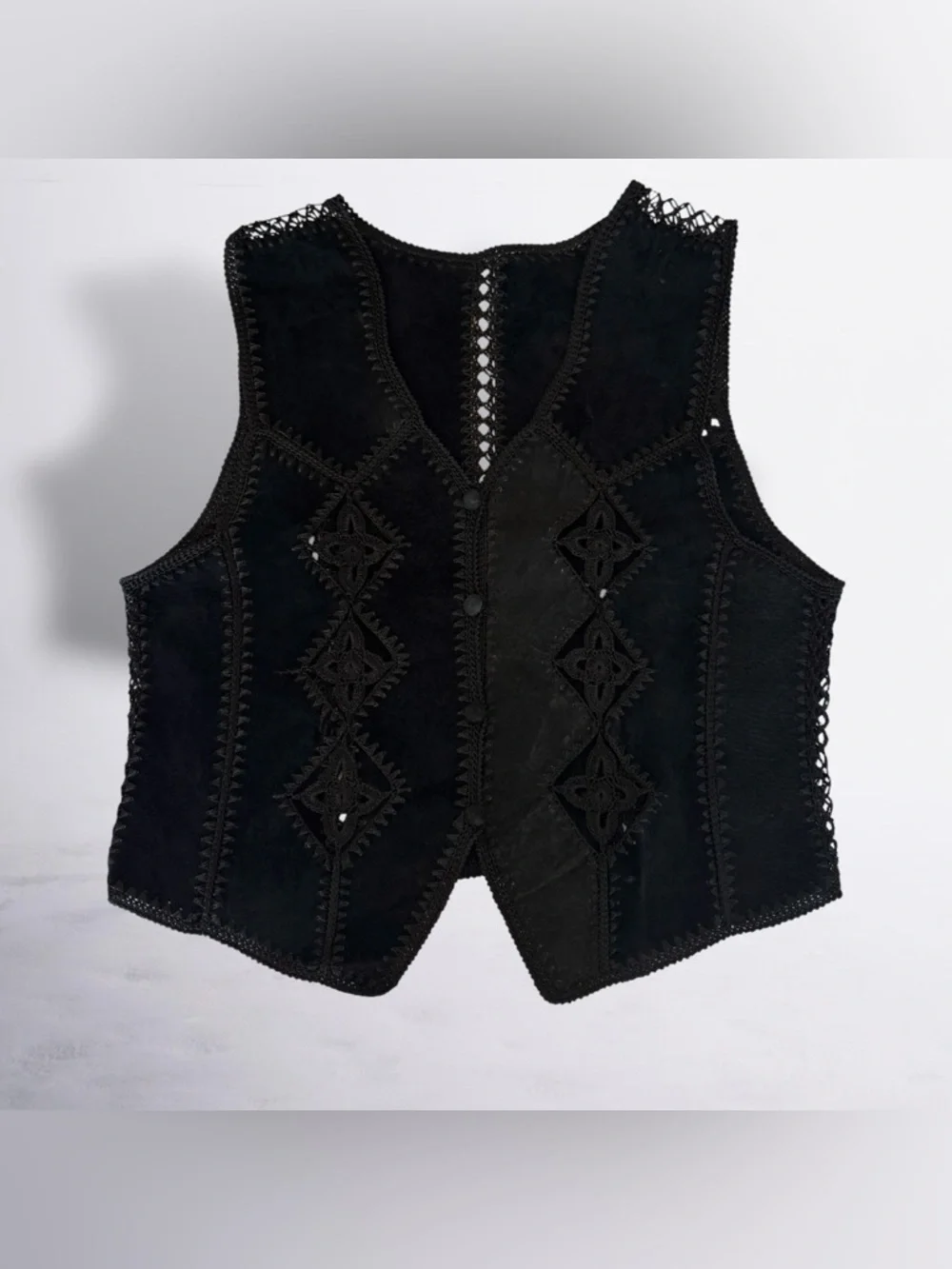 Vintage Black Genuine Leather Suede & Crochet Patchwork Women's Vest - Picture 4 of 7